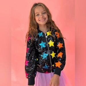 Lola and the Boys. Rainbow Star Sequin Black Bomber jacket. Size 8.